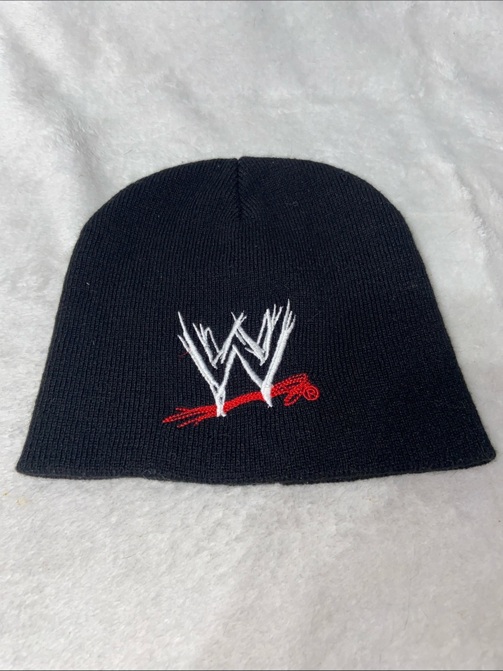 Vintage WWE Black Beanie with White and Red Logo